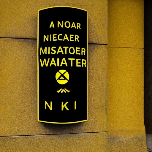 Prompt: a yellow with black edges and letters nuclear missile warning sign in front of a nuclear missile explosion, award winning photography, 8k