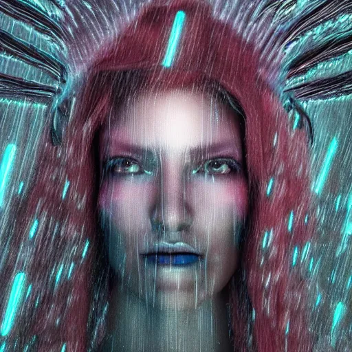 Image similar to angel spirit guide, cartoon portrait made out of rain, realistic, highly detailed, neon, rendered in octane, unreal engine, beautiful, trending on artstation,