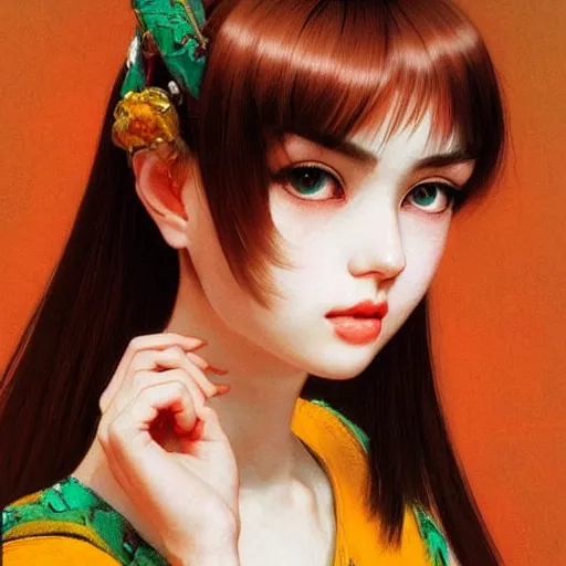 Image similar to beautiful photography, fashionable ceremonial dancer, focus close on dreaming eyes, soft skin, seventies giallo film by ilya kuvshinov monet range murata artgerm katsuhiro otomo norman rockwell, highly detailed intricately sharp focus, bedroom eyes trending on pinterest vogue italia 3 5 mm, 4 k uhd image