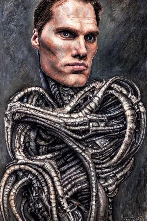 Image similar to portrait of streamer jerma 9 8 5!!, jeremy elbertson, painting by h. r. giger, lovecraftian horror, strands of being, metal album cover, high detail, sharp, sus guy, inhuman figure