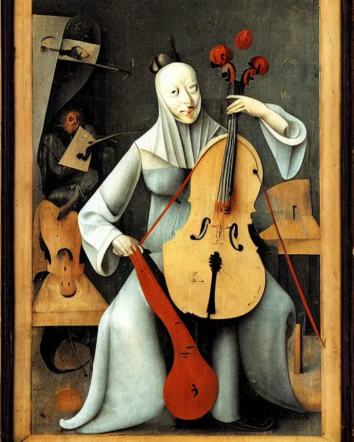 Image similar to a female cellist by Hieronymous Bosch