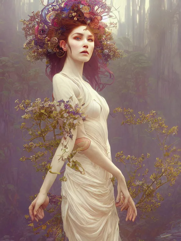 Prompt: Full view Ethereal Floralpunk elysian Maiden of radiant light wearing ivory dress made of stardust masterpiece 4k digital illustration by Ruan Jia and Mandy Jurgens, award winning, Artstation, art nouveau aesthetic, Alphonse Mucha background, intricate details, realistic, panoramic view, Hyperdetailed, 8k resolution, intricate art nouveau