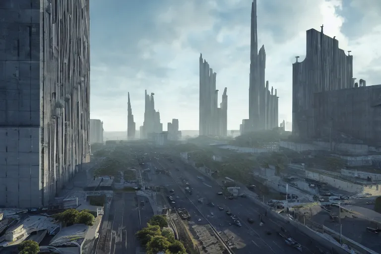 Image similar to streetscape, a towering cathedral of brutalist architecture, buildings covered with greebles, stunning volumetric light, sunset, metal, concrete and translucent material, stunning skies, majestic landscape, trending on Artstation, 8k, photorealistic, hyper detailed, unreal engine 5, IMAX quality, cinematic, epic lighting, in the style of Greg Rutkowski