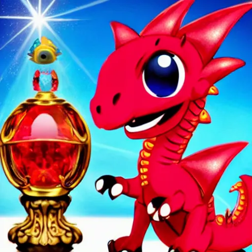 Image similar to Adorable sparkling, shiny crimson baby dragon with cute crystal clear blue eyes wearing a black top hat and a monocle