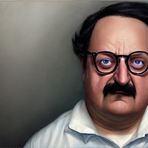 Prompt: beautiful hyperrealistic detailed matte portrait painting of bob belcher from bobs burger, by andreas rocha and john howe, and martin johnson