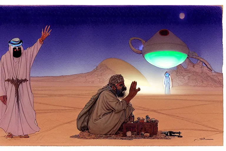 Image similar to a hyperrealist watercolour character concept art portrait of a middle eastern merchant praying in front of an alien with 1 2 eyes on a misty night in the desert. a ufo is in the background. by rebecca guay, michael kaluta, charles vess and jean moebius giraud