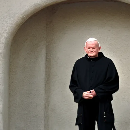 Image similar to john paul ii standing in a black hoodie, black cargo pants and high black boots, evening, dark