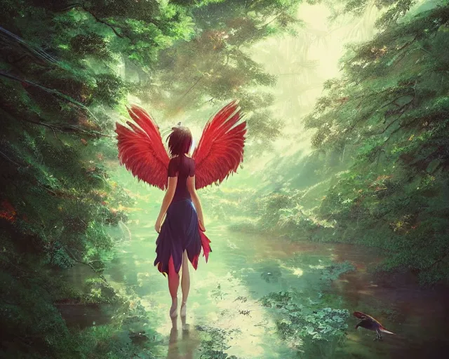 Prompt: a Phoenix girl with two red bird wings on her back flying though a forest in the air, wings, feathers, green foliage, sunlit, wide, trees, streams, matte painting, digital illustration, very vibrant colors, soft lighting, adventurous, atmospheric lighting, 8K, octane render. By Makoto Shinkai, Stanley Artgerm Lau, WLOP, Rossdraws, James Jean, Andrei Riabovitchev, Marc Simonetti, krenz cushart, Sakimichan, D&D trending on ArtStation, digital art.