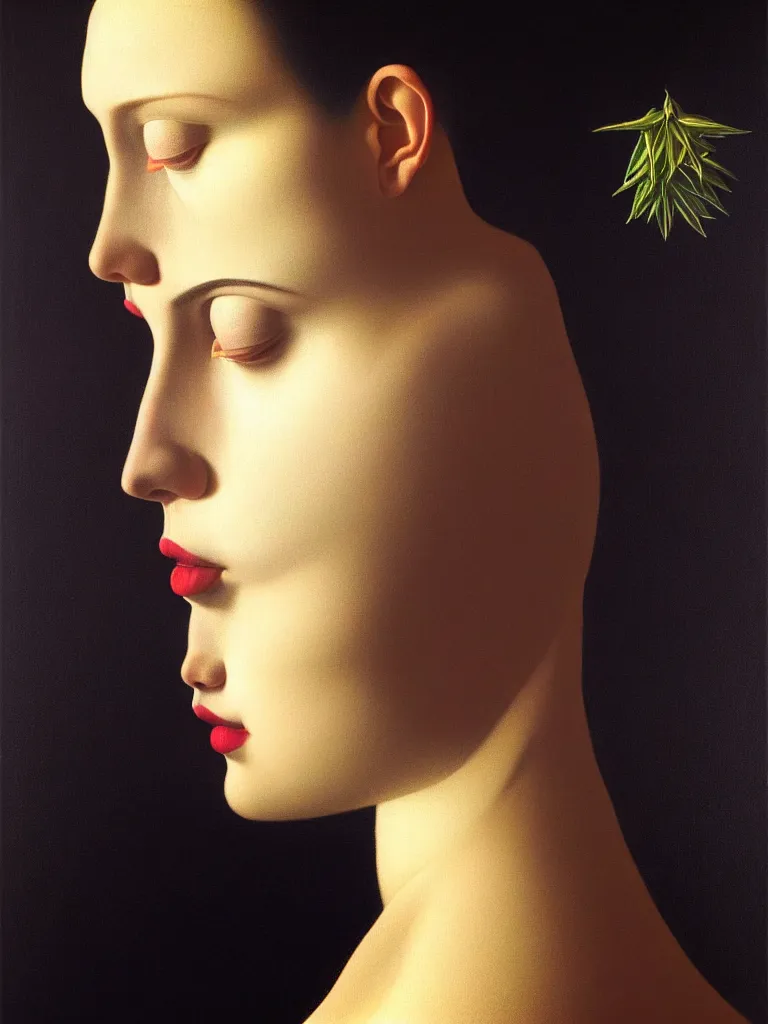 Prompt: hyperrealistic still life portrait woman's face in profile, beautiful plants, sacred geometry, light refracting through prisms in a tesseract, by caravaggio, botanical print, surrealism, vivid colors, serene, golden ratio, rule of thirds, negative space, minimalist composition, by rene magritte and greg rutkowski