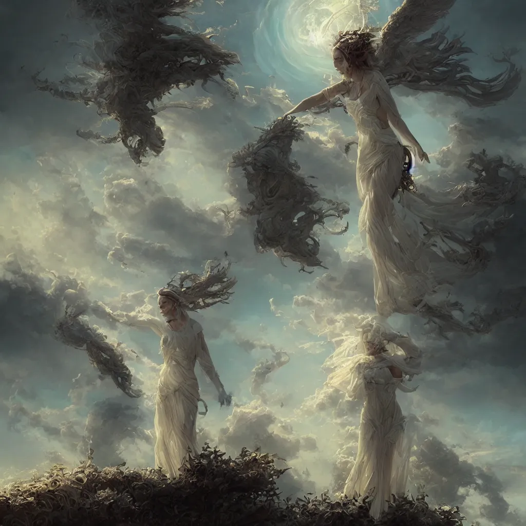 Image similar to fantasy illustration of a goddess of world full of life, divine thrill of the biological tranquil sky, spirits wavering, feelings are shaking, atoms floating, by greg rutkowski, horror, intricate, elegant, highly detailed, digital painting