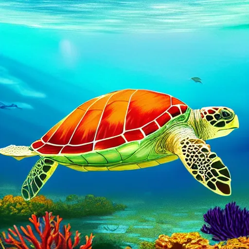 Image similar to a beautiful matte digital painting of a light-green sea turtle swimming over an red-orange coral reef through blue-violet waters, triadic color palette, painted in the style of National Geographic, trending on artstation hq
