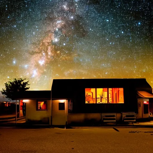 Image similar to late night diner, viewed from the outside, background milky way in the sky