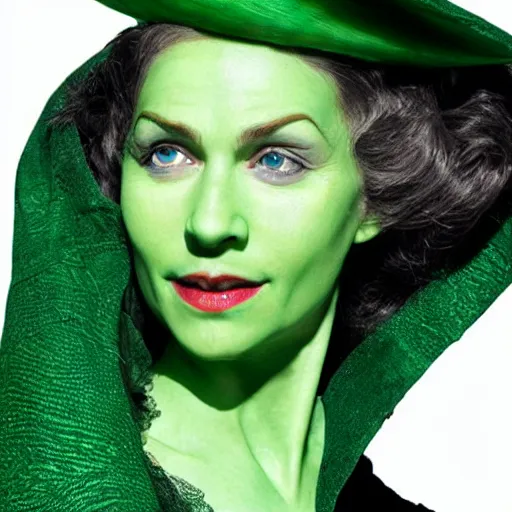 Prompt: the wicked witch of the game of thrones, green skin, witch hat, dragons