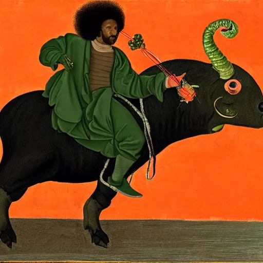 Image similar to photograph of a black man with afro hair wearing an army green adidas jacket riding an orange colored bull!!, renaissance style painting