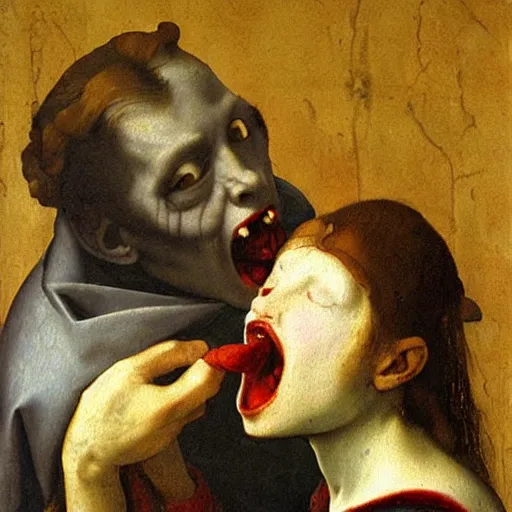 Prompt: Renaissance painting of Vampire Gargoyle biting a woman, detailed, horror Art by Vermeer