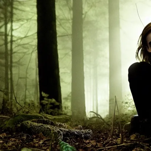 Prompt: emma watson, found footage, in woods, front light, blair witch