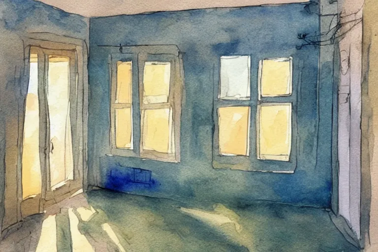 Image similar to rays of the morning sun shining through the window of the village house. very beautiful, clear sky, warm shiny colors, watercolor drawing