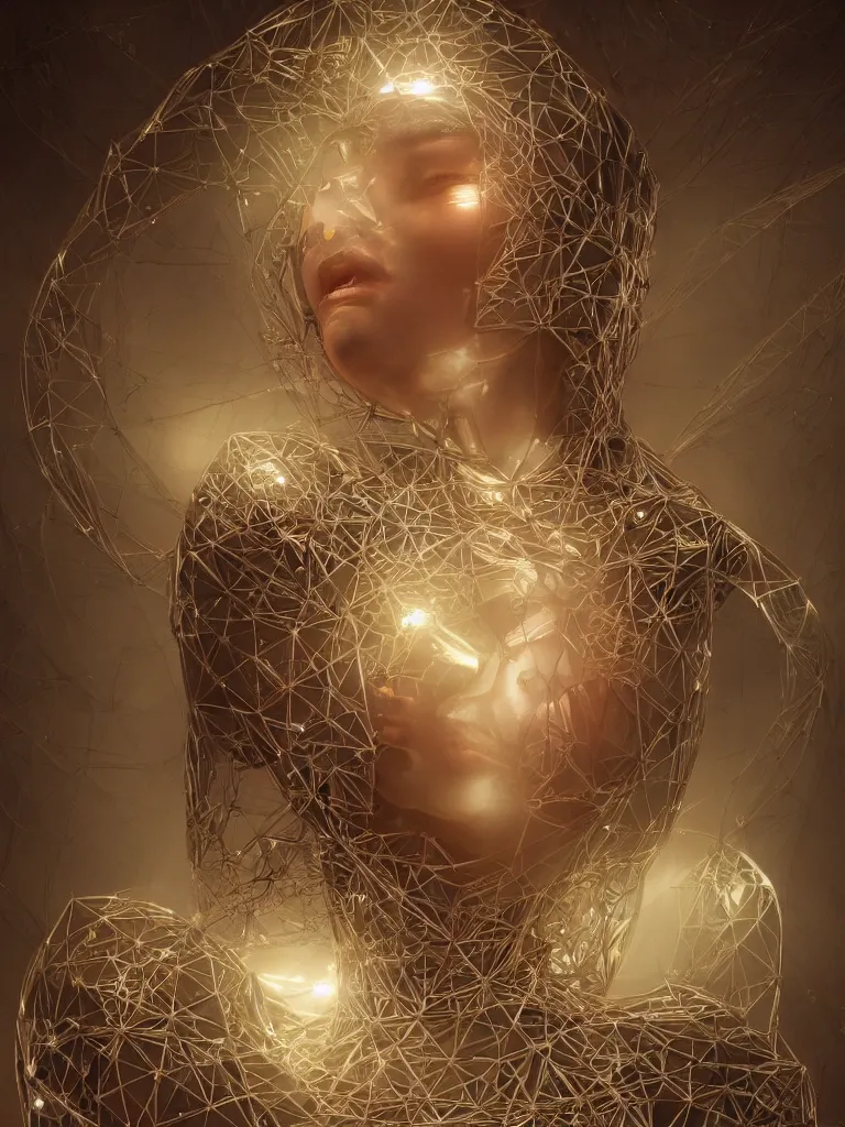 Image similar to a photo of a robotic woman covered in modular synthesizer parts surrounded by sacred geometry made from elven architecture, full body, perfect face, powerful, cinematic, beautifully lit, by artgerm, by karol bak, 3 d, octane render, 8 k