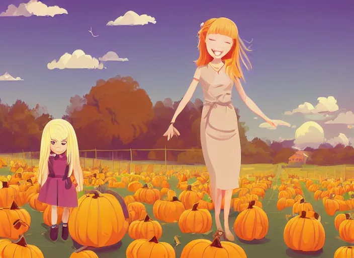 Image similar to little girl with long blonde hair and her mother visiting a pumpkin patch. clean cel shaded vector art. shutterstock. behance hd by lois van baarle, artgerm, helen huang, by makoto shinkai and ilya kuvshinov, rossdraws, illustration, art by ilya kuvshinov