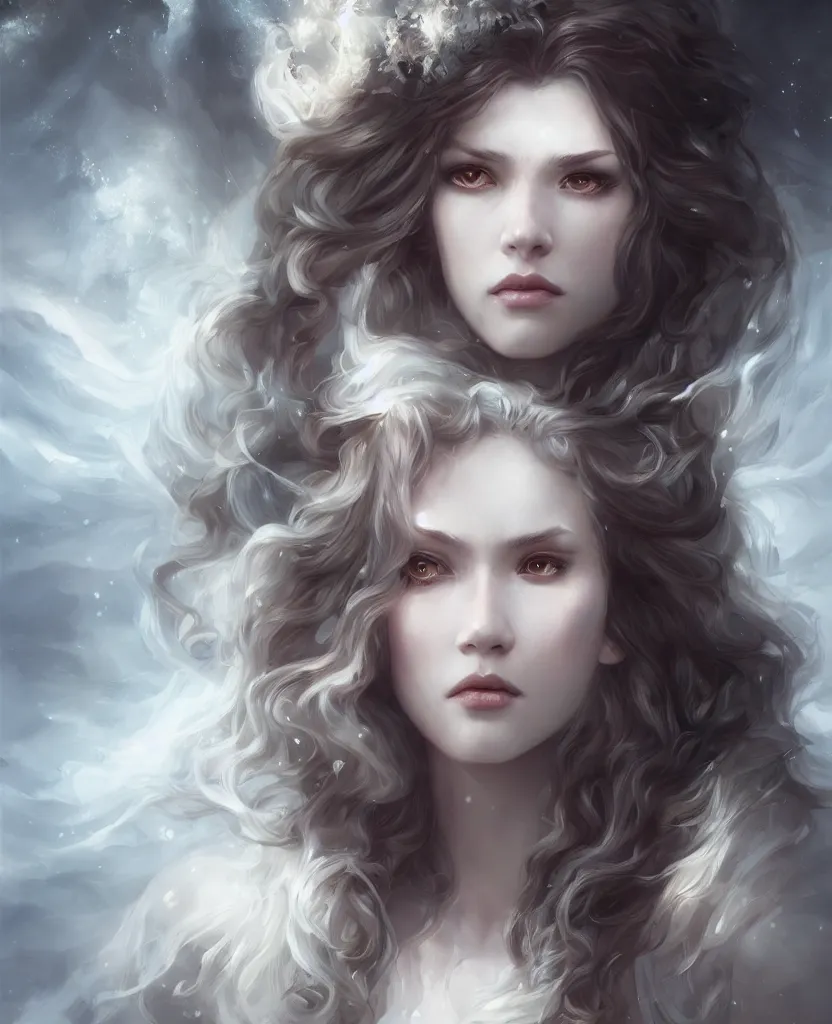 Prompt: ice queen with long dark curly hair, stoic, pale skin, dramatic, epic painting, painted by artgerm and wlop, cgsociety, beautiful, artbreeder, artstation, octane render, sharpness, 8 k, golden ratio