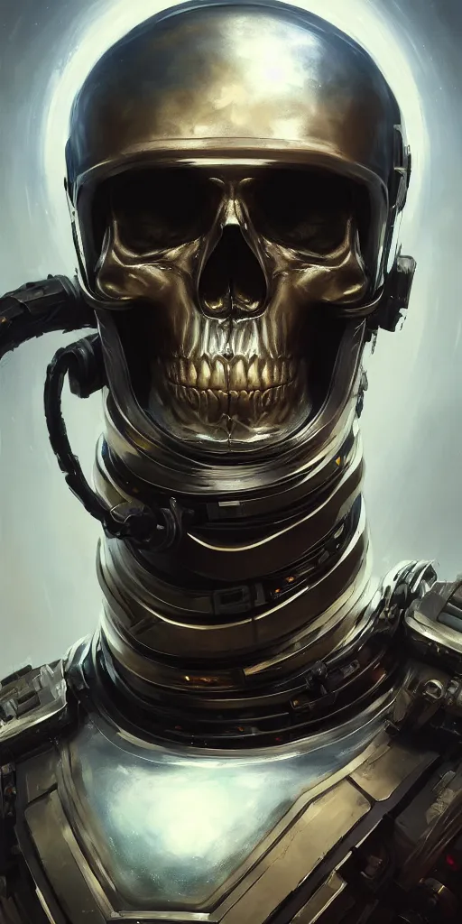 Image similar to close up portrait of a metallic skull inside of a space suit, extremely detailed digital painting, in the style of fenghua zhong and ruan jia and jeremy lipking and peter mohrbacher, mystical colors, rim light, beautiful lighting, 8 k, stunning scene, raytracing, octane, trending on artstation