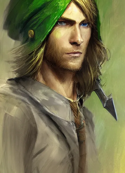 Image similar to character study painting of Link from Legend of Zelda Twilight Princess with golden hair and a long green pointed cap flowing in the wind, by Jeremy Mann, stylized, detailed, realistic, loose brush strokes, intricate, intimate, dark fantasy vibes, muted colors
