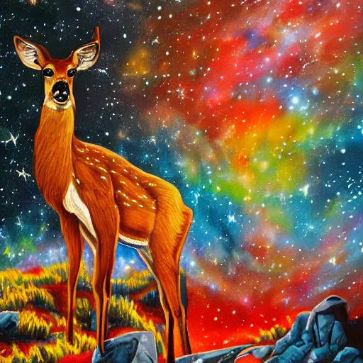 Image similar to wild deer in space, mural art