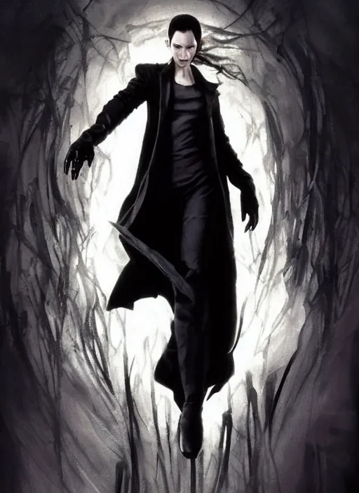 Prompt: neo from matrix 1 as sandman, with fingers and hair turning into smoke, vertigo, full figure dynamic fighting pose, pale skin!, gothic, black overcoat, fantasy, intricate, elegant, highly detailed, digital painting, artstation, concept art, wallpaper, smooth, sharp focus, illustration, art by artgerm and greg rutkowski and alphonse mucha