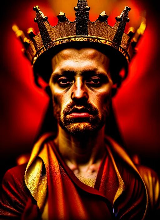 Image similar to 'Portrait of Crowned King Arthur' by Lee Jeffries royally decorated, whirling plasma, atmospheric motes, red and gold Sumptuous garb, gilt silk fabric, radiant colors, fantasy, perfect lighting, studio lit, micro details,