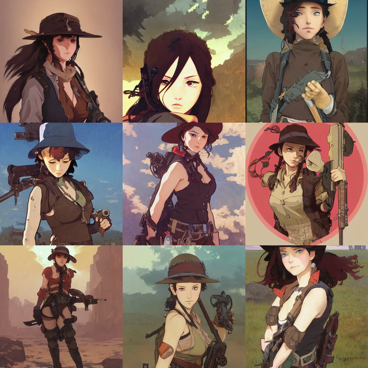 Prompt: post - apocalyptic cowgirl, finely illustrated face, highly detailed, colored pencil, studio ghibli, tankobon, in the style of ilya kuvshinov and krenz cushart and william - adolphe bouguereau and alphonse mucha
