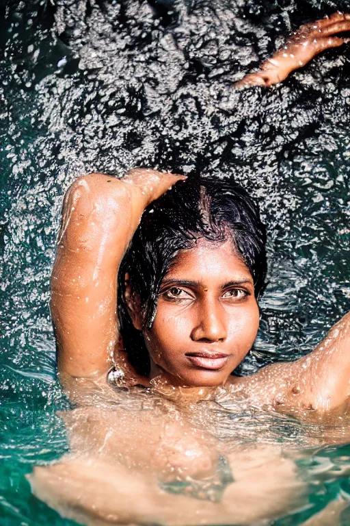 Prompt: a professional portrait photo of a sri lankan native woman, submerged in water, black hair, hunter, extremely high fidelity, natural lighting