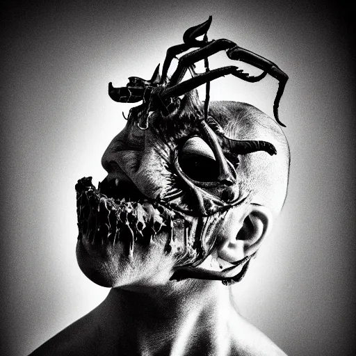 Image similar to artistic photoshoot of a mothan hybrid, grotesque, body horror, mutant shaming, creepy, terrifying, 8 k hdr 8 0 mm wide angle portrait, high contrast black and white, insectoid n