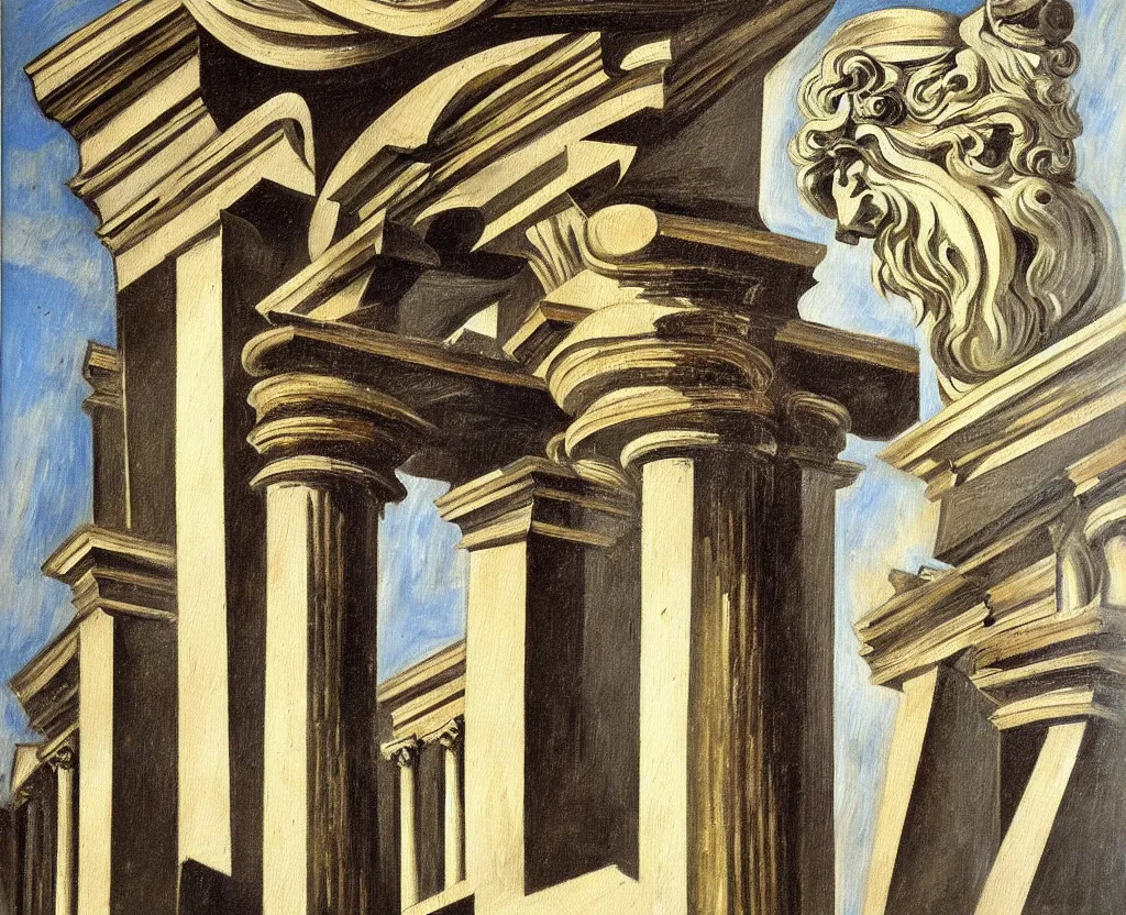 Prompt: oil painting of corinthian capital. picasso, dali, piranesi.