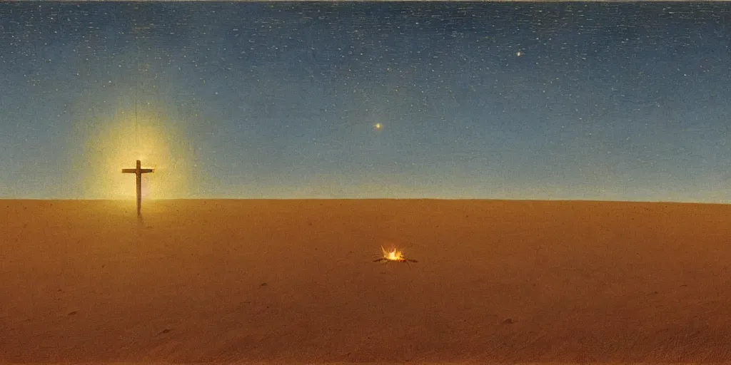 Image similar to A burning cross in the middle of the desert drawn by Caspar David Friedrich, dune, highly detailed, night, stars