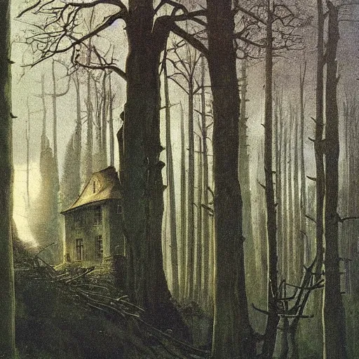 Prompt: A painting by Caspar David Friedrich of a scary house in the forest