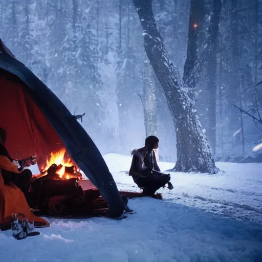 Image similar to a movie still from final fantasy live action, a traveler alone by the campfire in the sno, dieselpunk w