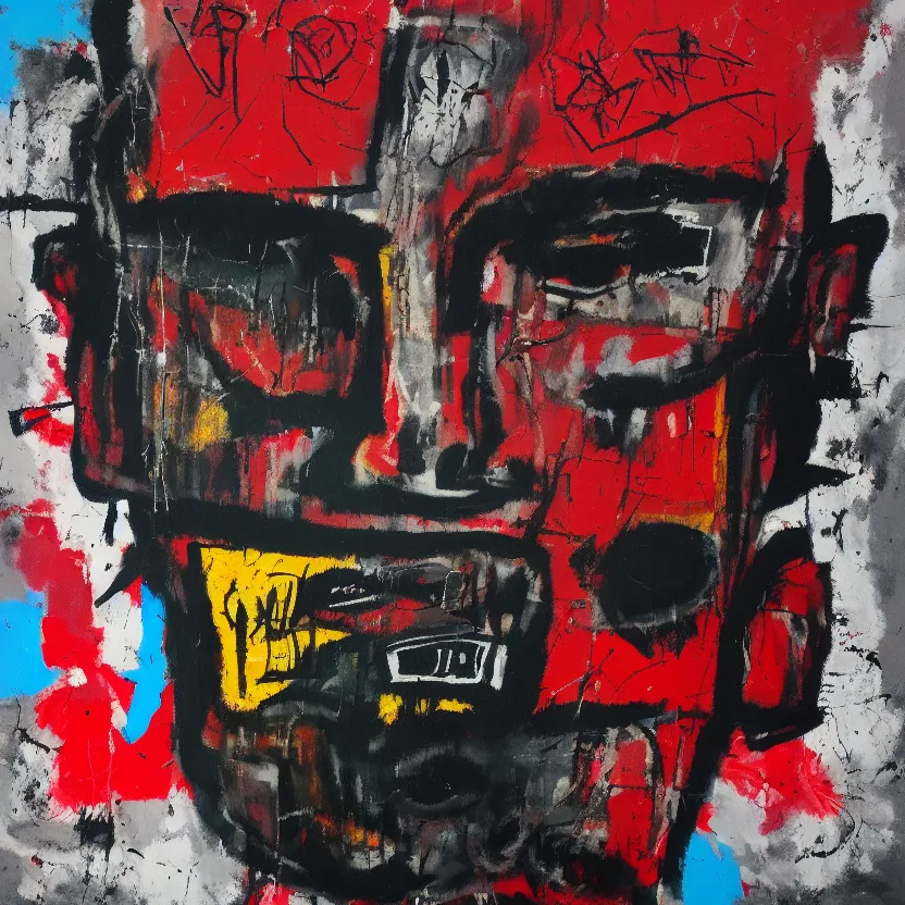 Prompt: gritty splattered punk painting of a geometric face with surprised expression on a black background, painted by basquiat. dark background. trending on artstation.