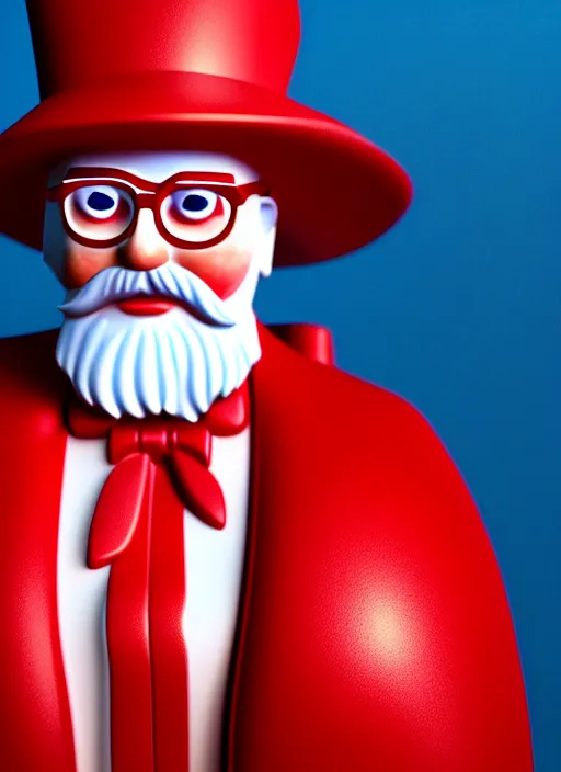 Image similar to colonel sanders as marble statue, in red background, soft red texture, red realistic 3 d render, high red lights, 4 k, high detailed photography cape, 5 0 mm lens, rich blue colors, smooth gradients, depth of field, cinematic