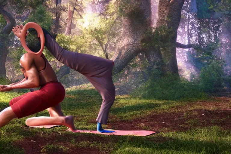 Image similar to lebron james doing yoga in the forest, still from a pixar movie, high quality 3 d render, movie, pixar, renderman, 4 k, artstation