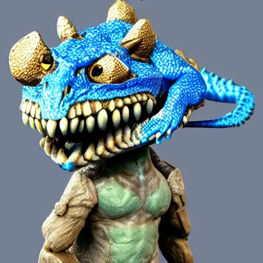 Image similar to a blue lizard warrior who is wearing a silly hat, highly detailed, realistic