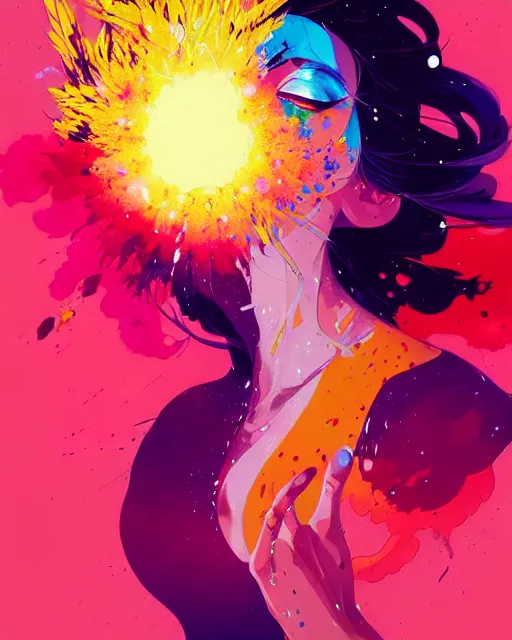 Image similar to a ultradetailed beautiful panting of a woman with a colorful explosion coming out of her hands, by conrad roset, greg rutkowski and makoto shinkai, trending on artstation