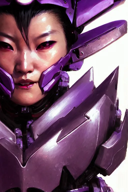 Image similar to extreme close up, facial portrait, half - chinese woman with a long black ponytail in purple sci - fi armor, kitsune mask on head, mechanical armor, cybernetic hands, striking pose, portrait dnd, painting by gaston bussiere, craig mullins, greg rutkowski, yoji shinkawa