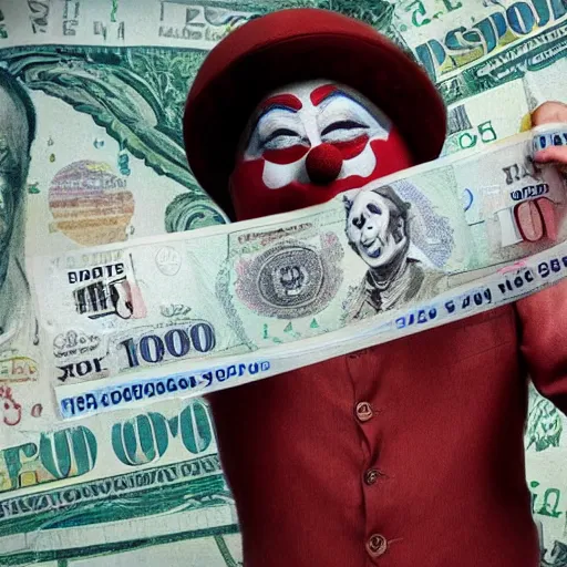 Image similar to A clown holding a dollar banknote, background is a slum, cinematic, epic, highly-detailed, photo realistic