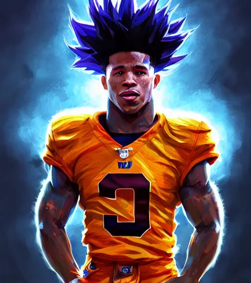 Image similar to highly detailed portrait of super saiyan saquon barkley ny giants football, unreal engine, fantasy art by greg rutkowski, loish, rhads, ferdinand knab, makoto shinkai and lois van baarle, ilya kuvshinov, rossdraws, tom bagshaw, global illumination, radiant light, detailed and intricate environment