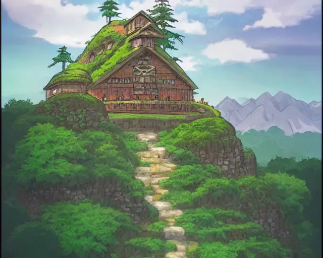 Prompt: mountain overseeing fantasy village next to a forest, studio ghibli style, hayao miyazaki, award winning photograph, highly detailed, artstation