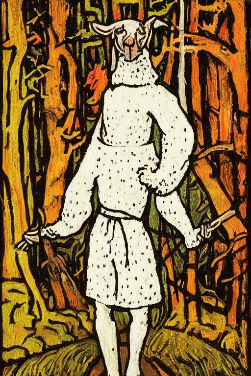 Image similar to a painting of slavic dog head man, woolen torso in medieval clothes, walking in the forest, in a white outfit, a character portrait by jean fouquet, reddit, synthetism, woodcut, grotesque, tarot card