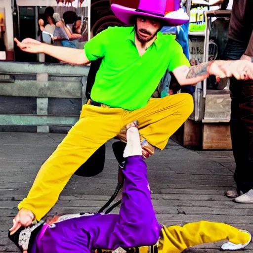 Image similar to breakdancing snake oil salesman, purple green cowboy b-boy, wildystyle