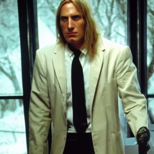 Image similar to arthas menethil as the american psycho, cinematic still