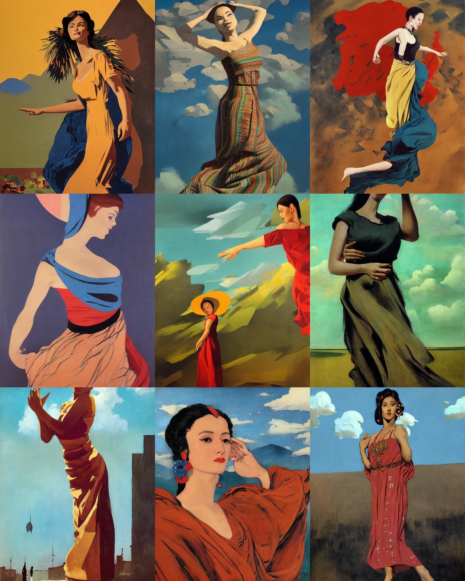 Prompt: woman portrait, ethnic national traditional costume, female figure in maxi dress, sky, thunder clouds modernism, dynamic pose, dance, morning dramatic cinematic light, low poly, low poly, low poly, industrial, soviet painting, social realism, barocco, Frank Frazetta, Dean Ellis, Detmold Charles Maurice, gustav klimt, levitation, movie poster 1993 anime