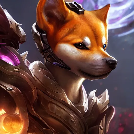 Prompt: stunning cybernetic shiba inu warrior as a league of legends character, michael maurino, alex flores, paul kwon, cinematic, highly detailed, concept art, 3 d cgi, dramatic lighting, focus, smooth, heroic, hyper realistic background, in the style of league of legends, lol